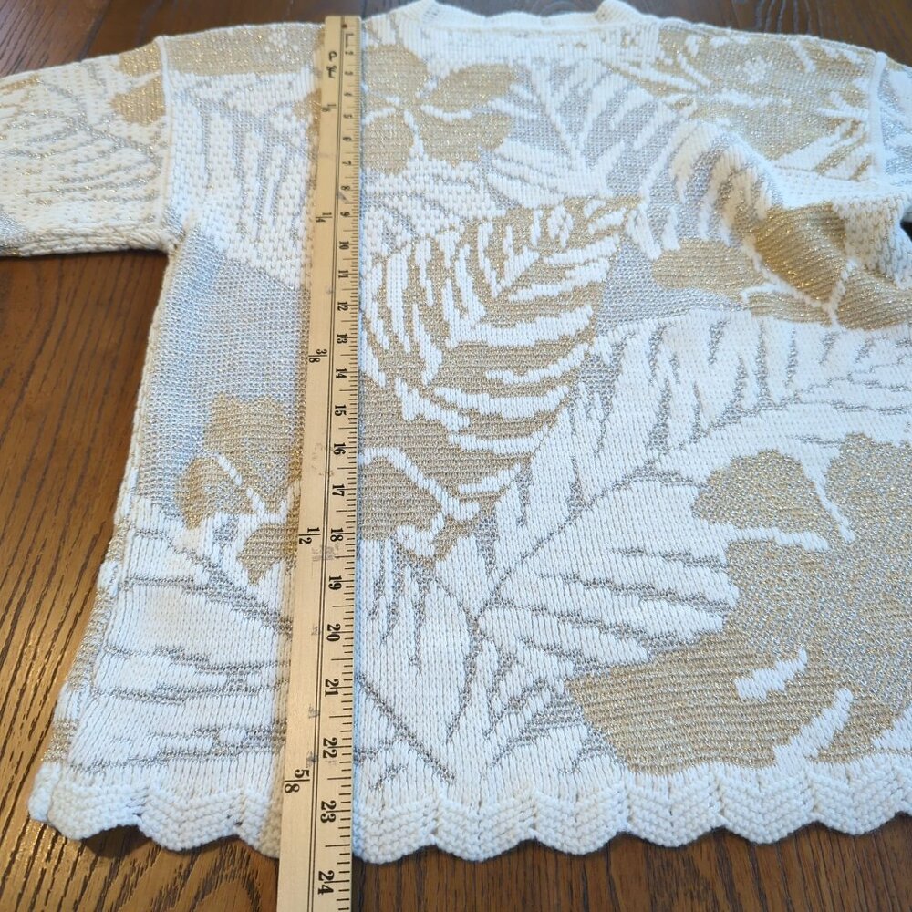 Vintage Jessica Stevens Knit Sweater Womens M Beige Ivory Metallic Leaves - Picture 14 of 14